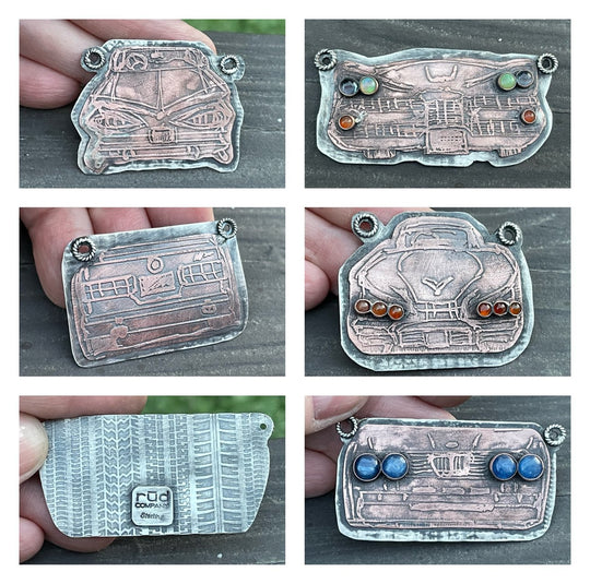 Hand-Drawn and Etched Copper and Sterling Silver Car Grills and Tails, with Semi-Precious Gemstone Accents