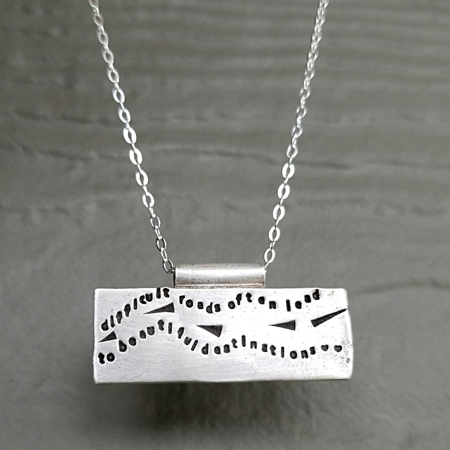 Artisan Stamped Road Highway Street Scene Pendant Necklace, Inspirational, Tiny Phrases Form a Picture, Sterling Silver, Journey, Path