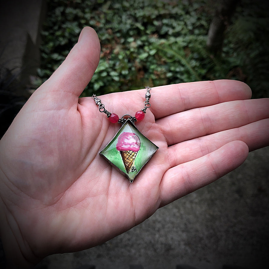 Artisan Original Tiny Watercolor Painting Sterling Silver & Glass Ice Cream Love Friendship Statement Necklace