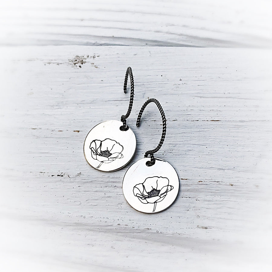 Artisan Sterling Silver Poppy Flower Earrings, Poppy Earrings, Flower Earrings, Hand Stamped Earrings, Classy and Sleek