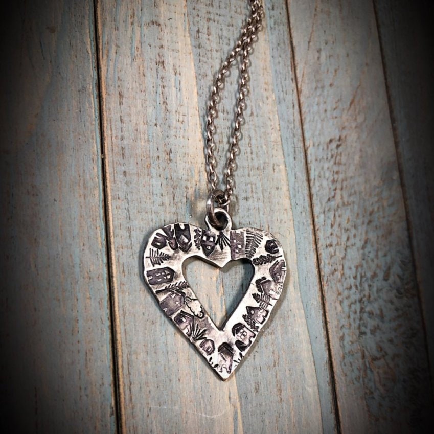 Artisan Stamped Heart Shaped Neighborhood Necklace, Original Little Houses, 100% Profits Benefit the Homeless, One of A Kind Recycled Silver