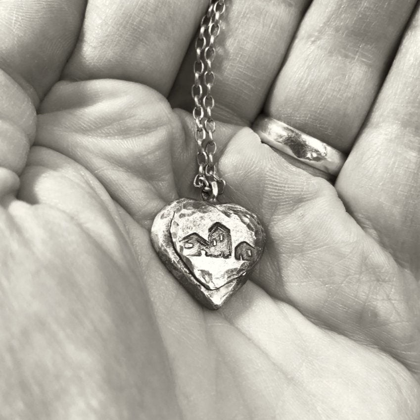 Artisan Stamped Heart Shaped Neighborhood Necklace, Original Little Houses, 100% Profits Benefit the Homeless, One of A Kind Recycled Silver