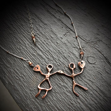 Artisan Copper and Sterling Dancing Couple Necklace, Holding Hands, One of a Kind Sculpture Pendant, Man and Woman, Boy and Girl, Love