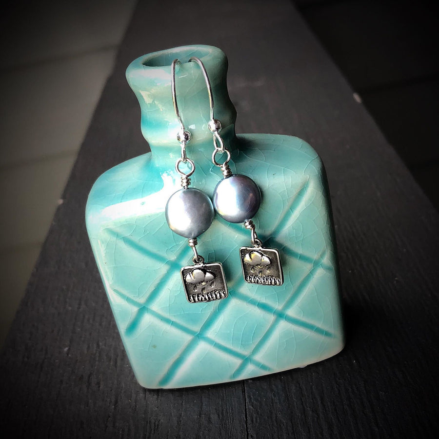Artisan Sterling Silver and Blue Coin Pearl Earrings, Sterling Silver Rain Cloud Charm Earrings, Unique and OOAK, Handmade, Ear Wires