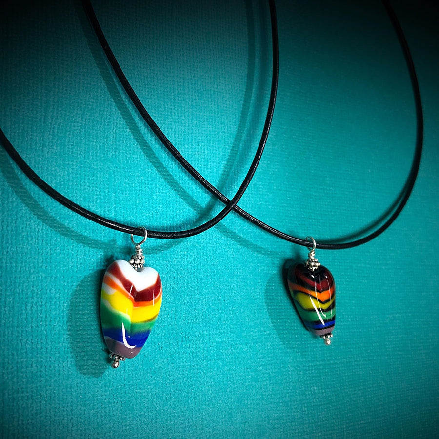 Couples Necklaces Commitment Necklace, Pride Rainbow Heart, Hers and Hers, Theirs, His & Hers, Handmade Lampwork Glass Heart Rainbow Pendant