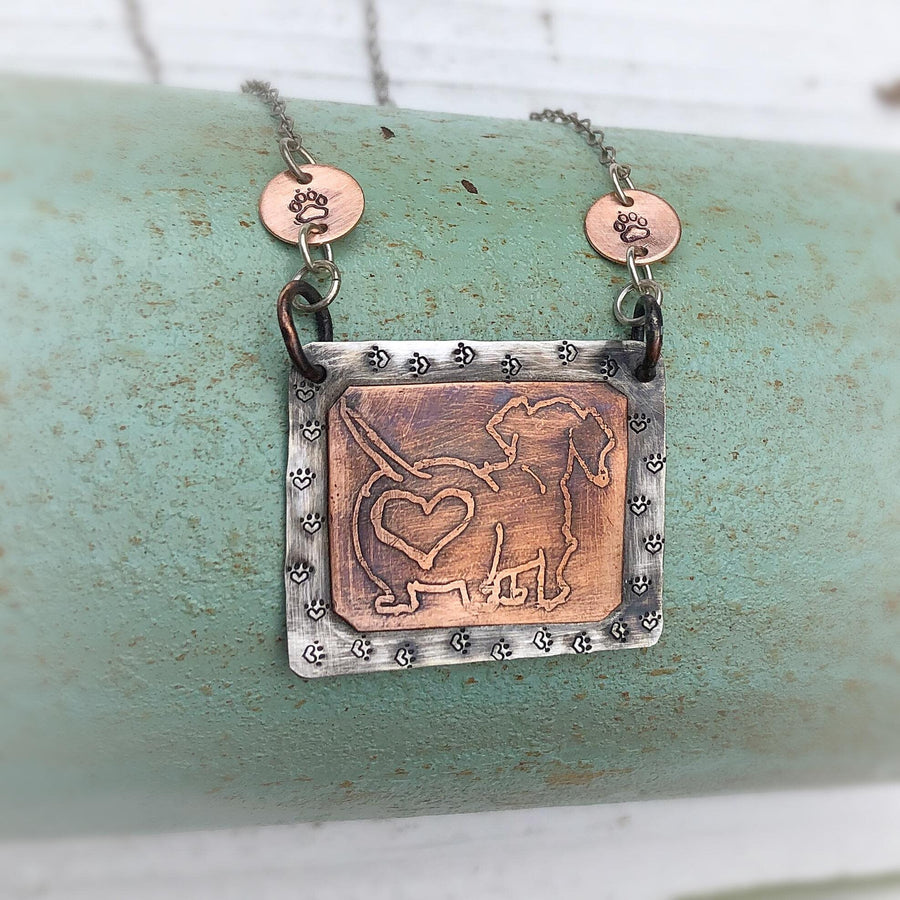Artisan Sterling Silver and Etched Copper Necklace Pendant, Daschund, Doxie, Cute Butt, Paws, Paw Print, Dog Lover, Metalsmith Mixed Metal