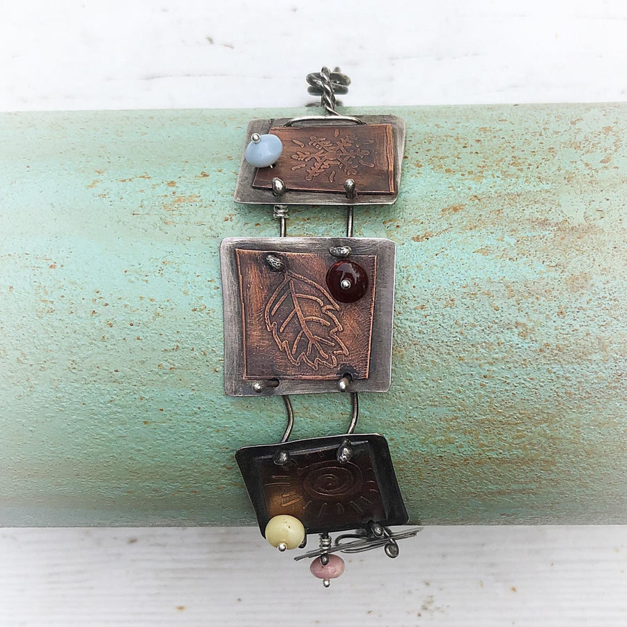 Artisan Sterling Silver and Etched Copper Seasons Bracelet - Metalsmith - One of a Kind - Peruvian Opal Accents - Unique, One of a Kind OOAK