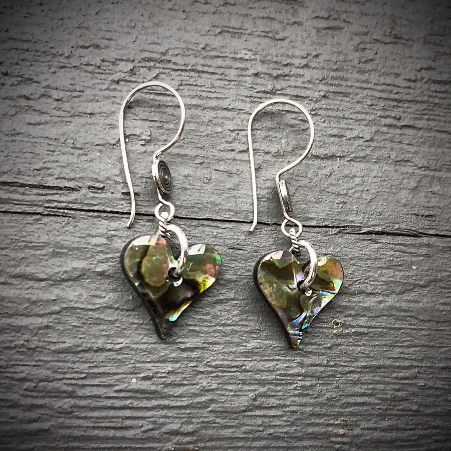 Artisan Sterling Silver & Genuine Paua Abalone beads Heart Shaped with Sterling Earwires Drop Dangle Earrings