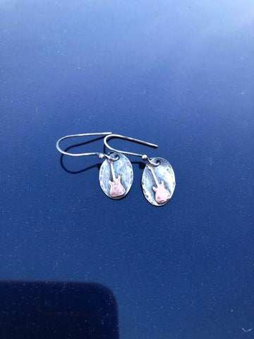 Artisan Sterling Silver and Copper Antiqued One of A Kind Electric Guitar Bass Guitar Earrings Musician Gift, Band Gift, Guitarist Gift