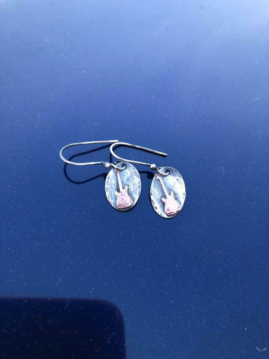 Artisan Sterling Silver and Copper Antiqued One of A Kind Electric Guitar Bass Guitar Earrings Musician Gift, Band Gift, Guitarist Gift