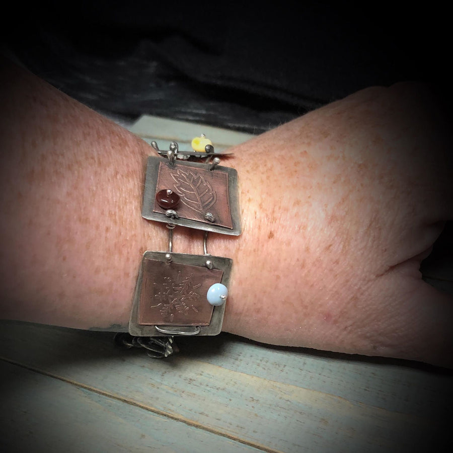 Artisan Sterling Silver and Etched Copper Seasons Bracelet - Metalsmith - One of a Kind - Peruvian Opal Accents - Unique, One of a Kind OOAK