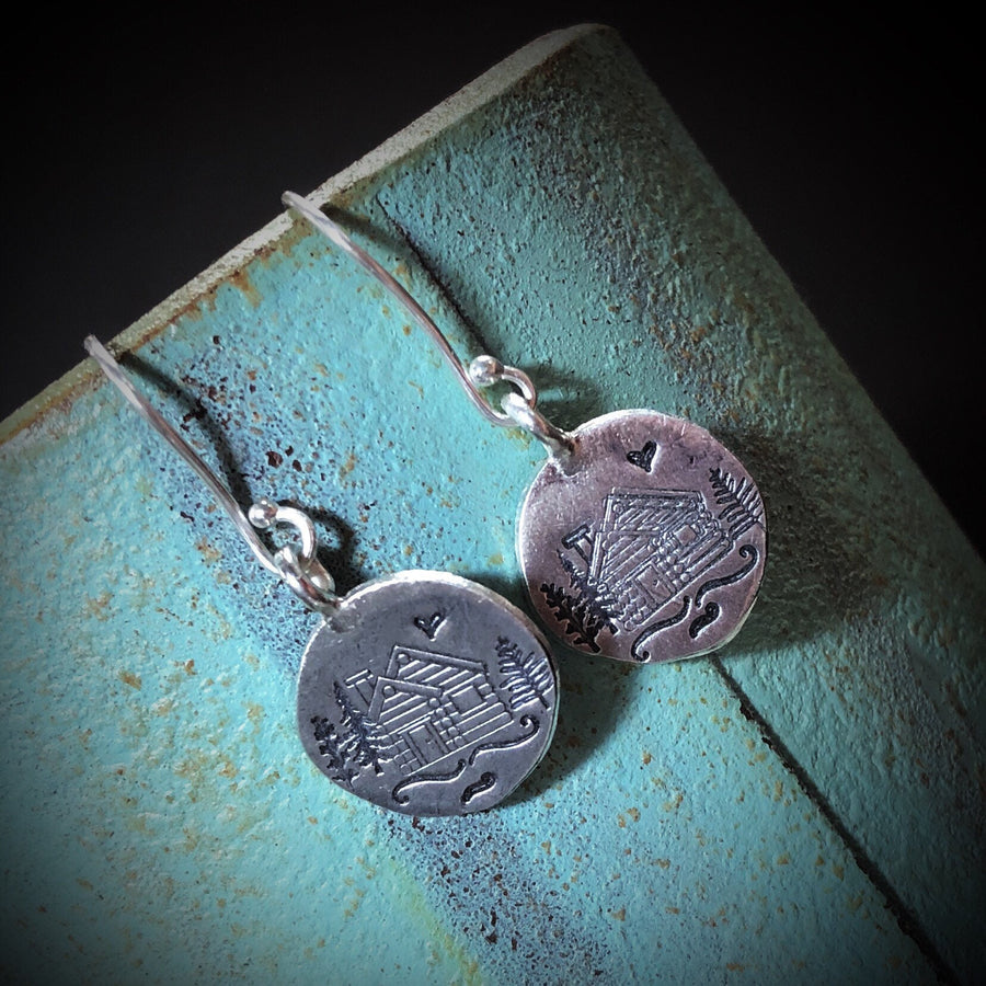 Artisan Sterling Silver Little Log Cabin Earrings, Stamped Earrings, Mountain, Earrings,Minimalist, Ear Wire, Round, Hook, Unique, Original