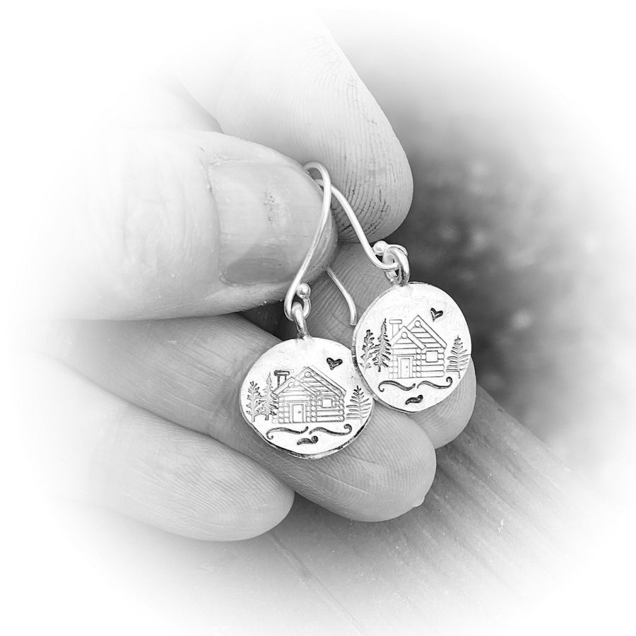 Artisan Sterling Silver Little Log Cabin Earrings, Stamped Earrings, Mountain, Earrings,Minimalist, Ear Wire, Round, Hook, Unique, Original