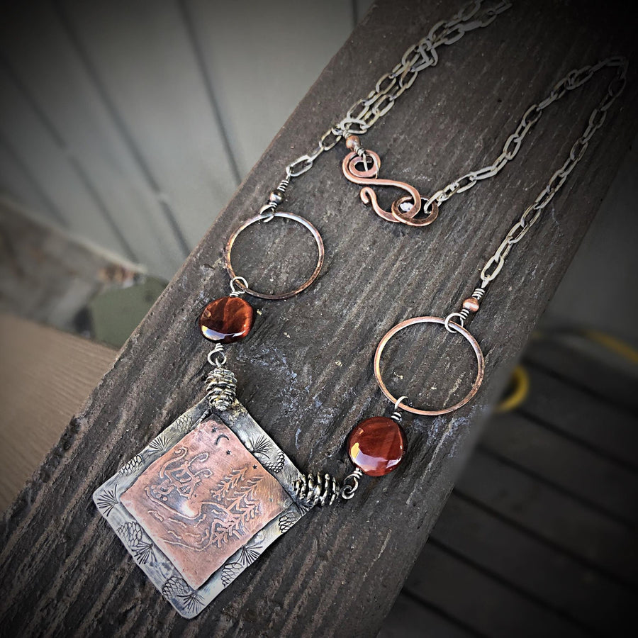 Artisan Sterling Silver and Etched Copper Camping, Moon Night Sky, Tent Pendant, Glamping, Camping, Hiking, Mountains Metalsmith Mixed Metal