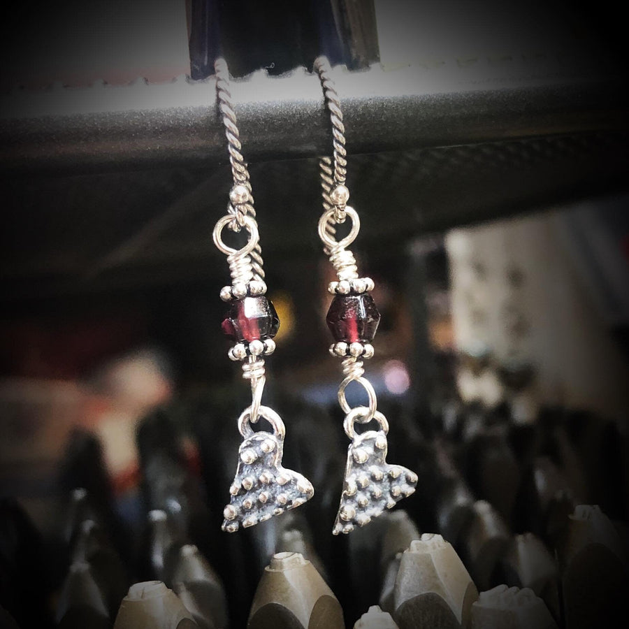 Artisan Sterling Silver Rustic Dotted Heart Earrings, with Genuine Garnet, Faceted Gemstone Earwire Ear Wire Heart Earrings, Valentine Gift