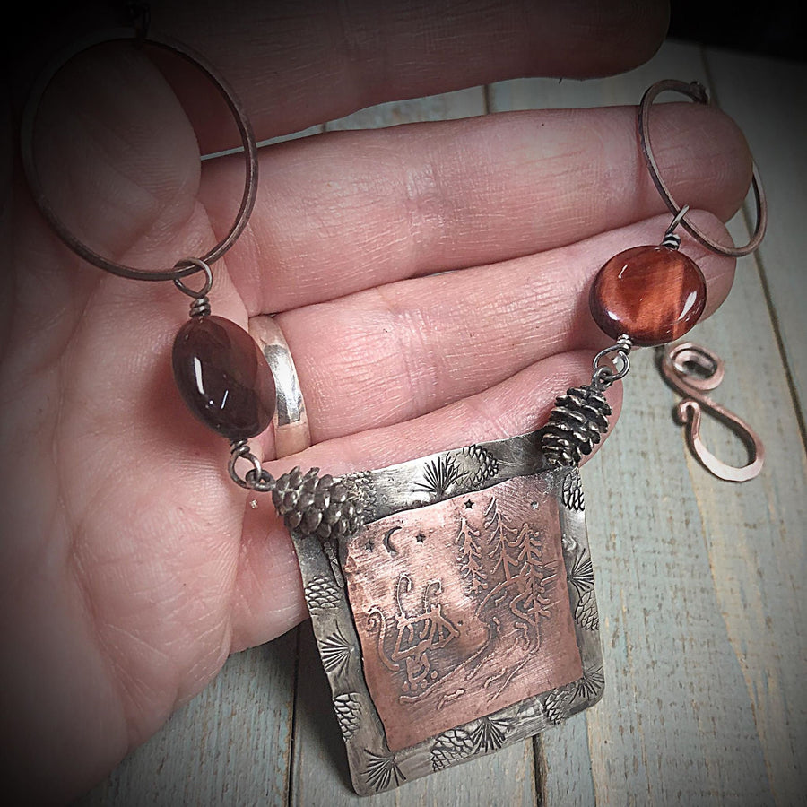 Artisan Sterling Silver and Etched Copper Camping, Moon Night Sky, Tent Pendant, Glamping, Camping, Hiking, Mountains Metalsmith Mixed Metal