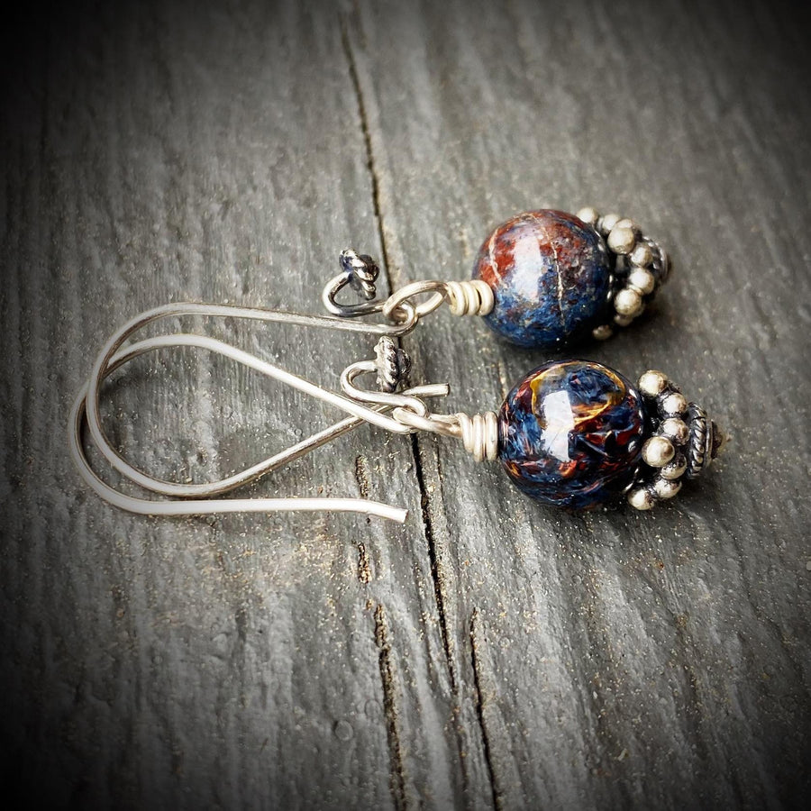 Artisan Sterling Silver & Pietersite Earrings with Sterling Earwires, Petersite Earrings, Beautiful Navy and Burgundy Stone with Bali Silver