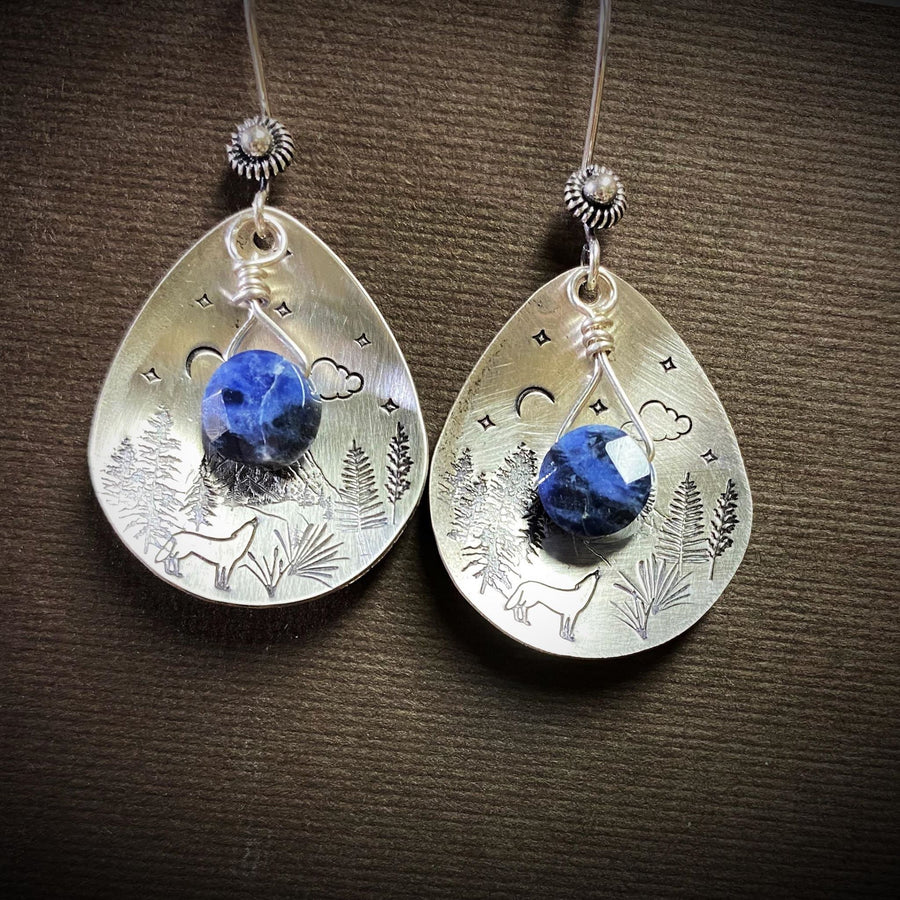 Artisan Sterling Silver Petal & Deep Blue Sodalite Wilderness scene - Sterling Earwires Drop Dangle Earrings Beautiful Bali Silver Stamped