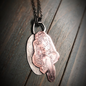 Artisan Sterling Silver & Etched Copper Woman Girl Lady Sitting Pendant, Pinup, Curvy, Thick, Girl, Naked, Posed, Laughing Mixed Metal