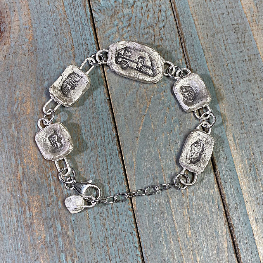 Artisan Fine Silver Little Camping Bracelet, handmade charm bracelet, Campers, RV, Trailer, Vacation Silver Clay PMC Completely Original