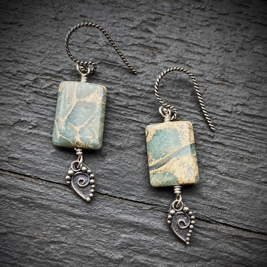 Artisan Sterling Silver & Impression Jasper Earrings, Antiqued Silver Accents, Unusual, Breathtaking, Seafoam Green Blue, Statement Earrings