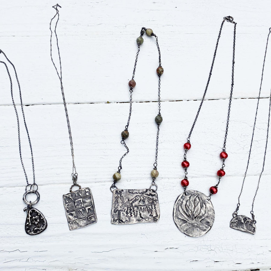 Find Your Fire - Rustic Fine Silver Fire or Campfire Pendant, Camp Fire, hand carved, Metal Clay, Red Pearls and Recycled Silver