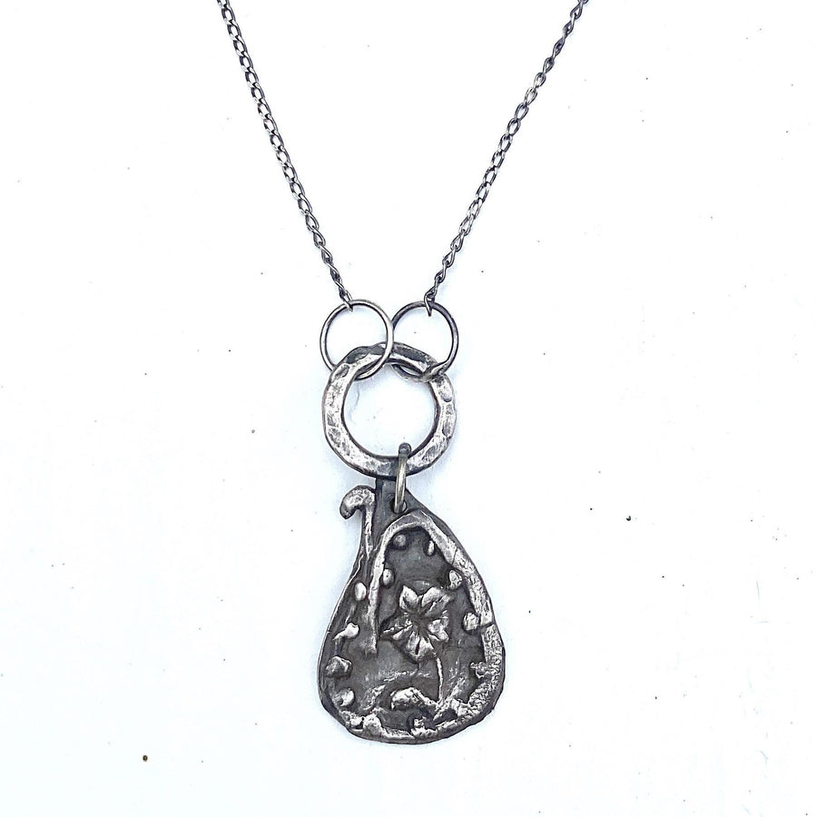 Hope Flower - Rustic Fine Silver Flower and Dot Pendant, Metal Clay, Tear drop teardrop triangle circle unique minimalist Recycled Silver