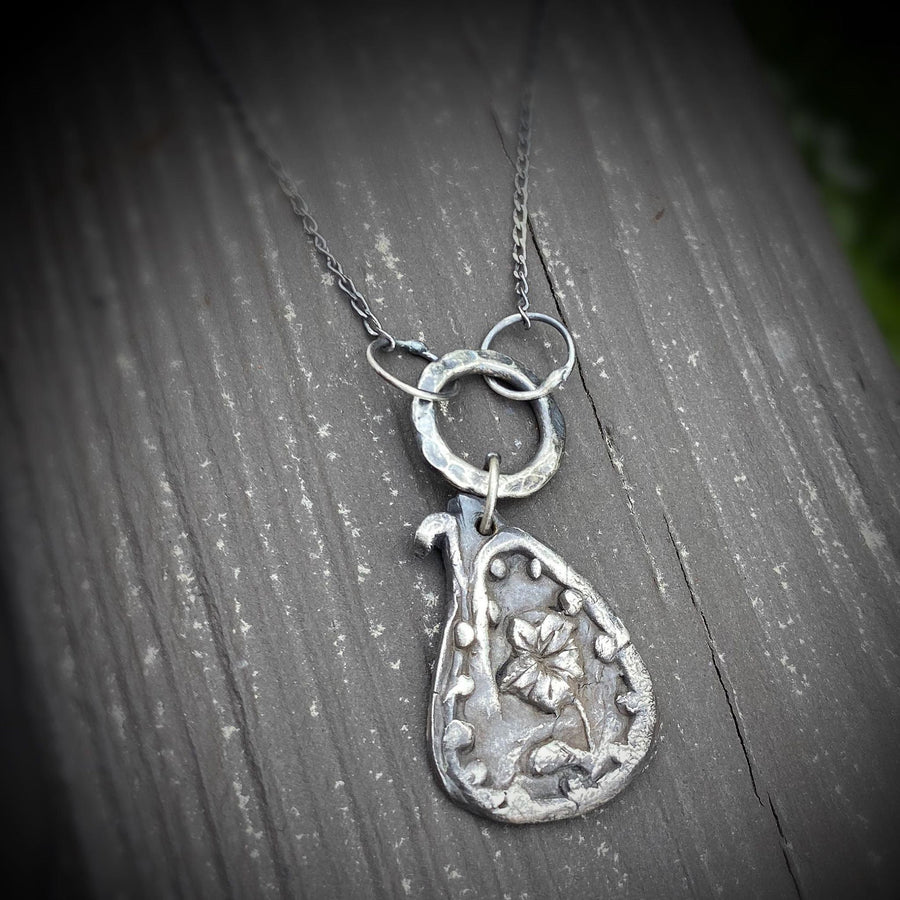 Hope Flower - Rustic Fine Silver Flower and Dot Pendant, Metal Clay, Tear drop teardrop triangle circle unique minimalist Recycled Silver