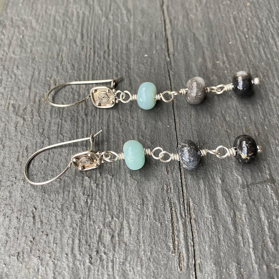 Artisan Sterling Silver & Gray Black and Seafoam Green Amazonite Earrings with Beautiful Bali Silver Leverback Kidney Wire Secure Earrings