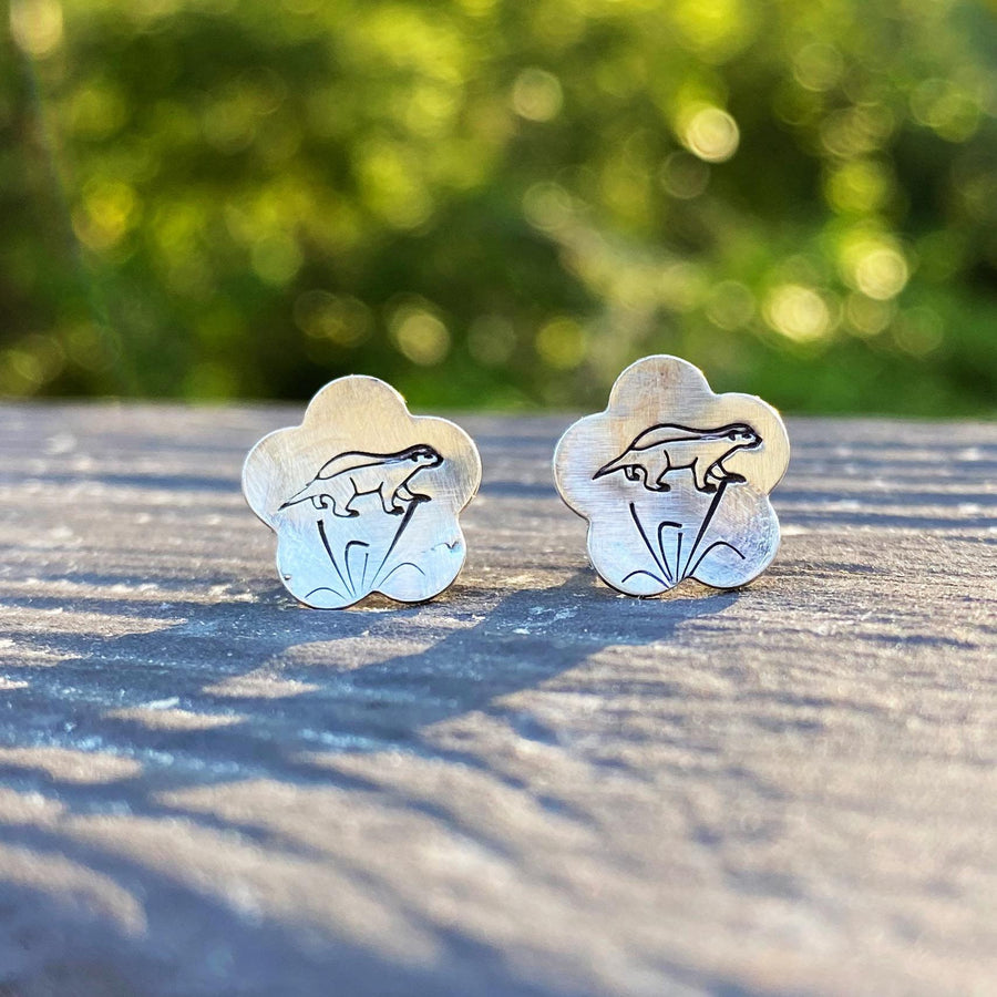 Artisan Sterling Silver Honey Badger Stud Earrings, Minimalist, Rustic, Plant Life, Scalloped Sterling Stud earrings