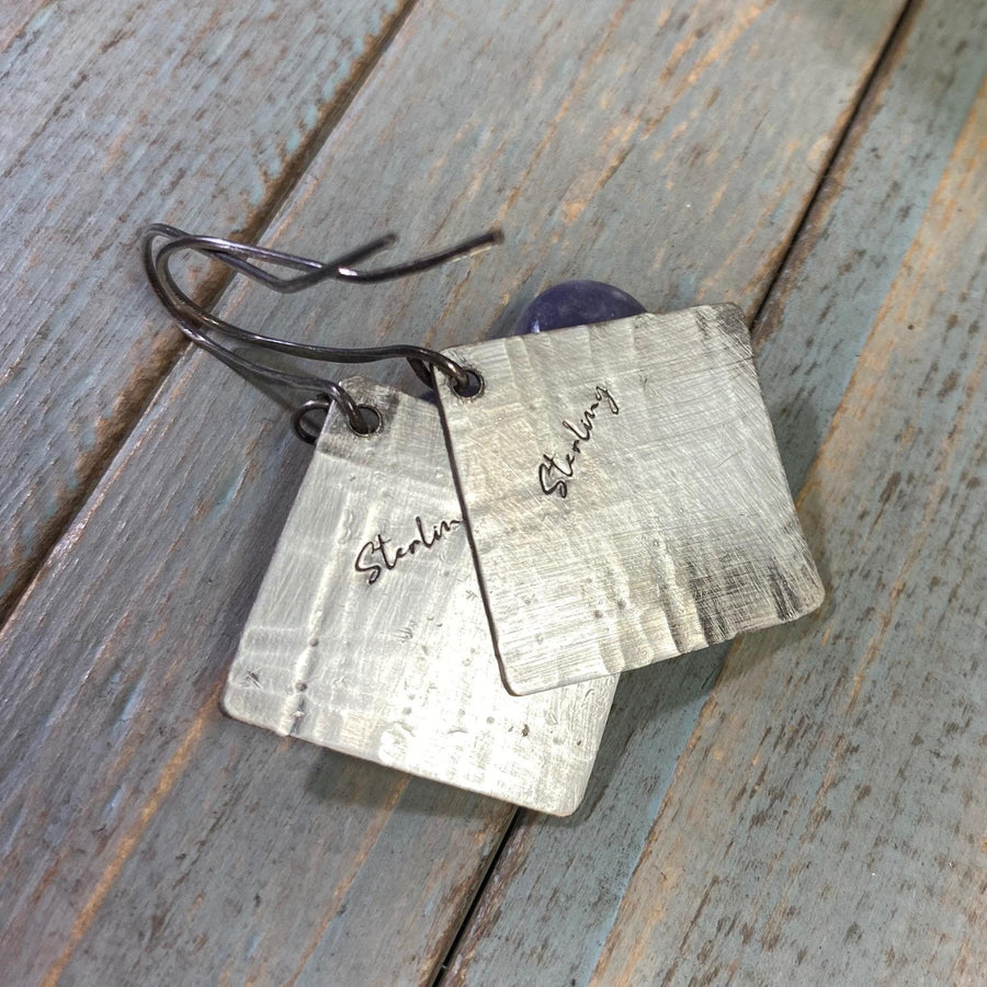 Artisan Sterling Silver & Lepidolite Geometric or Plaid themed earrings with Sterling Earwires Drop Dangle Earrings lavender purple square