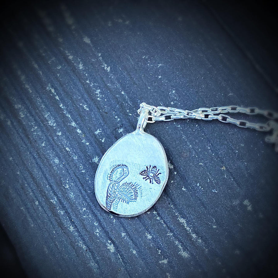 Artisan Stamped Beautiful Venus Flytrap and Bee Sterling Silver Pendant Necklace, Fly Trap, Bee, Nature, Carnivorous, Subtle and Minimalist