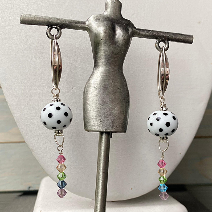 Stunning Artisan Sterling Silver, Rainbow and Black White Dot Lampwork Glass Earrings & Swarovski Crystal Accents, LGBTQ, Everyday, Unusual