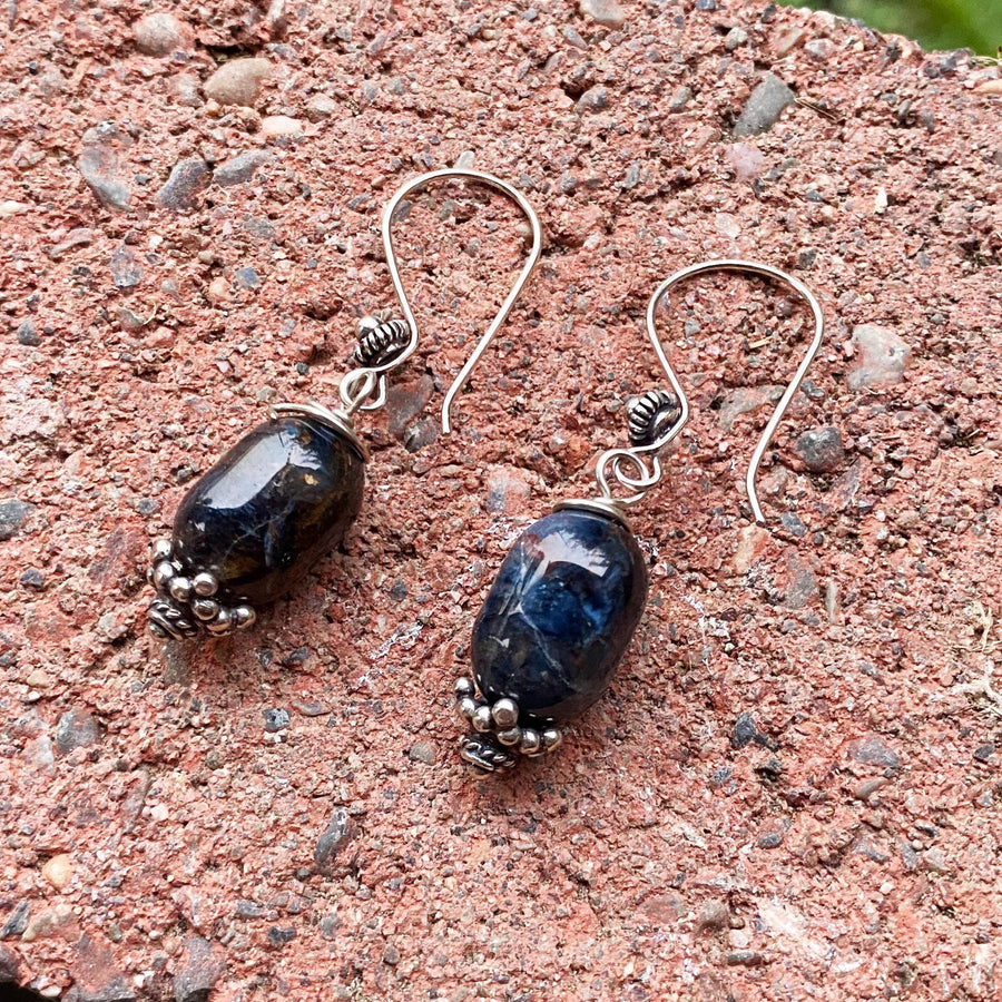 Artisan Sterling Silver & Piertersite Earrings with Sterling Earwires, Beautiful Navy Burgundy and Oxidized Antiqued Bali Silver