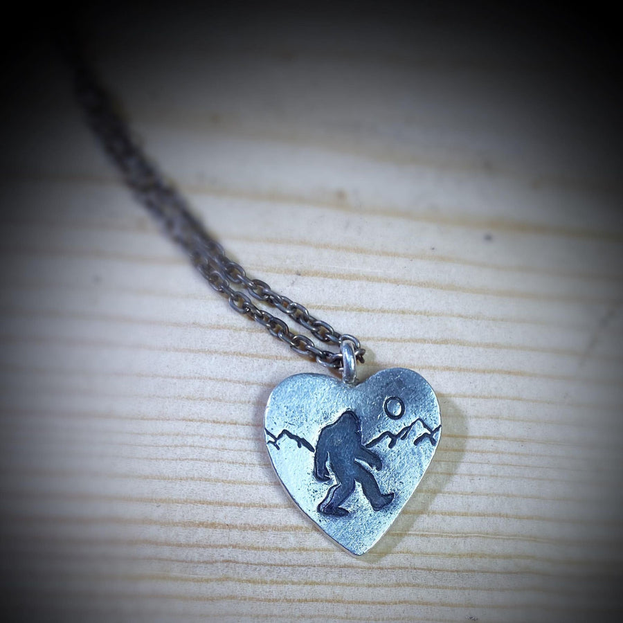 Artisan Sterling Silver Sasquatch in the mountains Heart Pendant, Big Foot, Yeti Scene with Sasquatch Big Foot Washington State Heart Silver