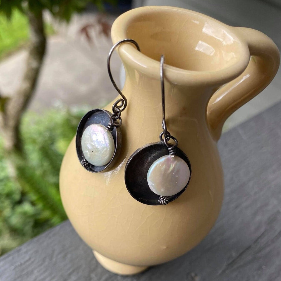 Artisan Blackened Sterling Silver and Creamy Coin Pearl Earrings, Contrast Black and White, Unique and OOAK, Handmade, Spiral Ear Wires