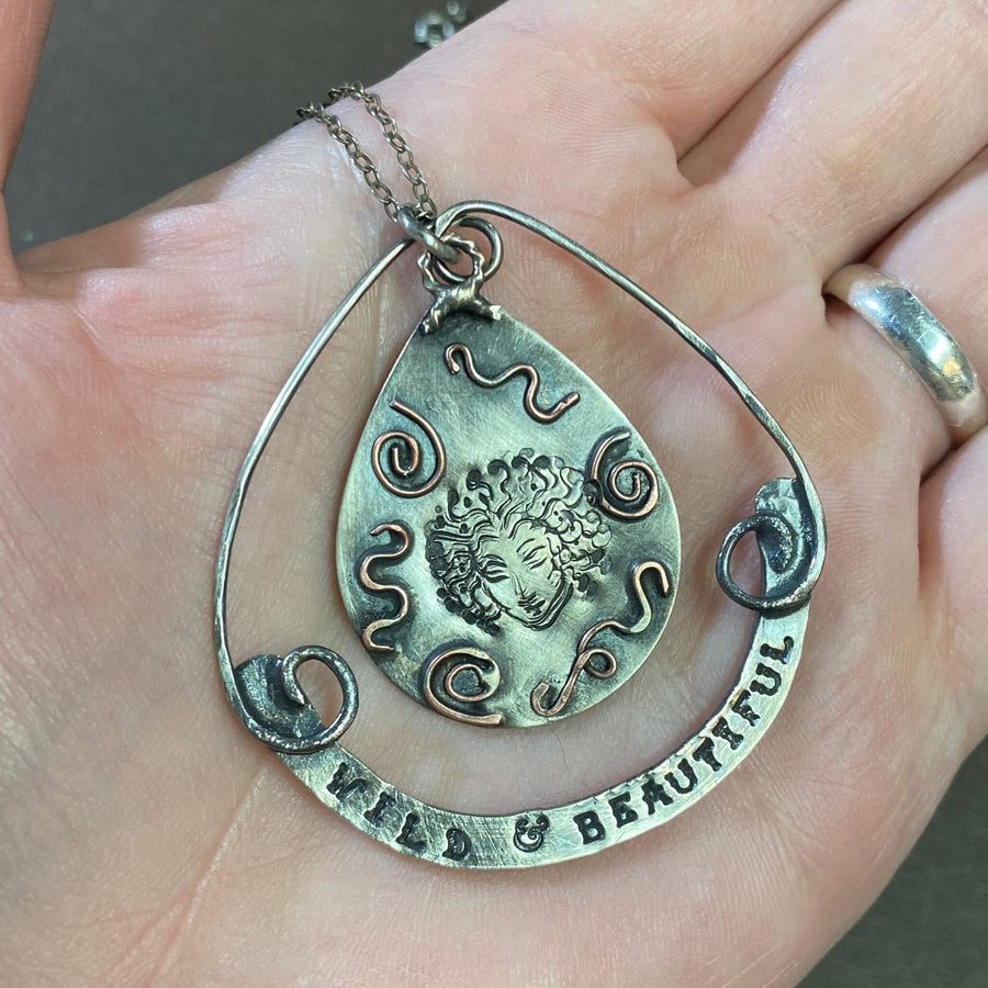 Artisan Sterling Silver Medusa Wild & Beautiful Hand Forged Pendant Necklace Hand Stamped Teardrop Statement Necklace on Antiqued sterling