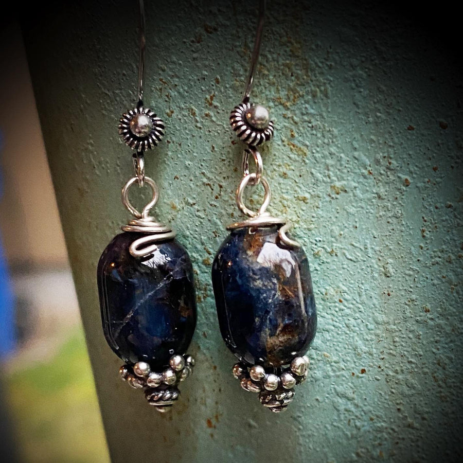 Artisan Sterling Silver & Piertersite Earrings with Sterling Earwires, Beautiful Navy Burgundy and Oxidized Antiqued Bali Silver