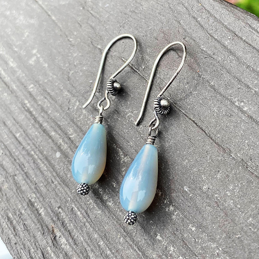 Artisan Sterling Silver and Blue Chalcedony Smooth Teardrop Earrings, Beautiful Bluish Gray, Dress up or Everyday, Unique and OOAK, Handmade