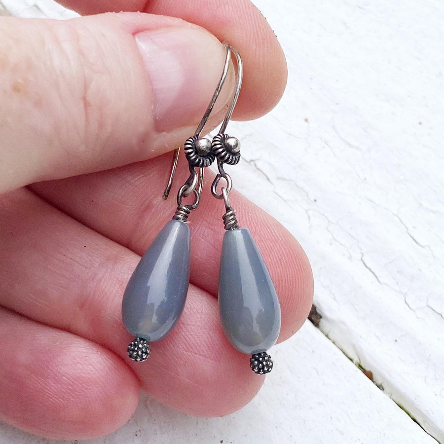 Artisan Sterling Silver and Blue Chalcedony Smooth Teardrop Earrings, Beautiful Bluish Gray, Dress up or Everyday, Unique and OOAK, Handmade
