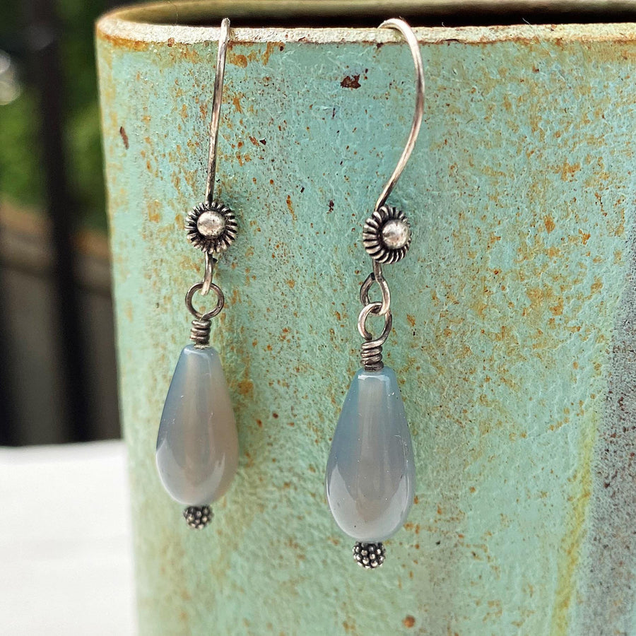 Artisan Sterling Silver and Blue Chalcedony Smooth Teardrop Earrings, Beautiful Bluish Gray, Dress up or Everyday, Unique and OOAK, Handmade