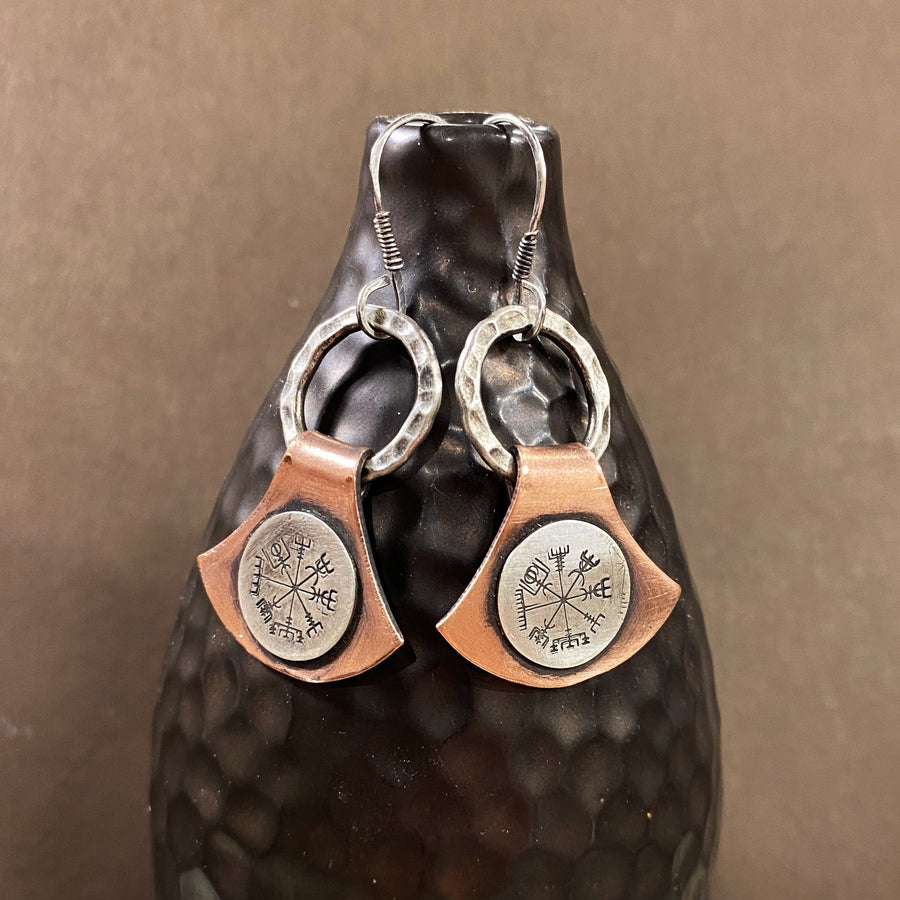 Artisan Sterling Silver and Copper Handmade Silversmith Vegsivir Earrings on Thor’s Hammer shape. Rustic, Strong, Nordic, Viking, Runes