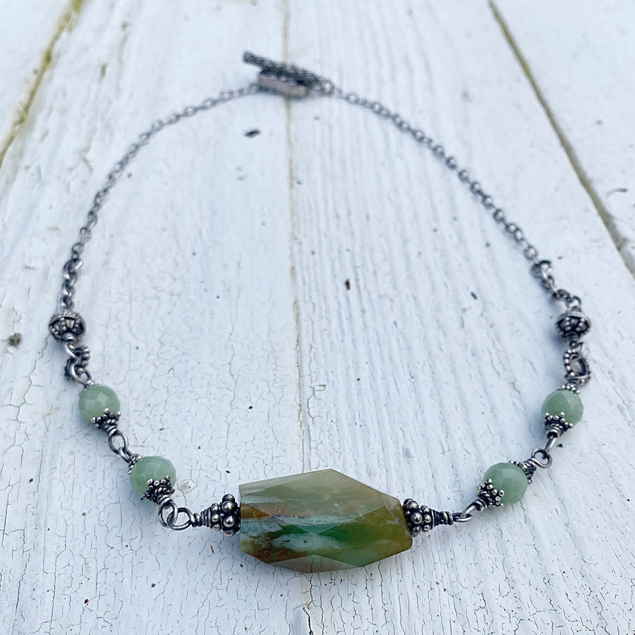 Artisan Sterling Silver, Blue Peruvian Opal chunk and Amazonite accents necklace. Heirloom quality, statement necklace to liven any outfit.