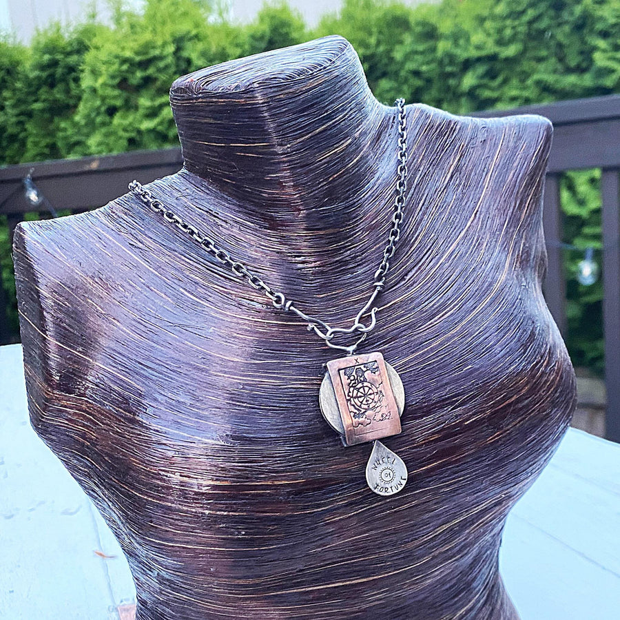 Artisan Sterling Silver & Etched Copper Wheel of Fortune Tarot Card Necklace, Original Tarot Art, Mixed Metal Pendant, Tarot Reading Gift