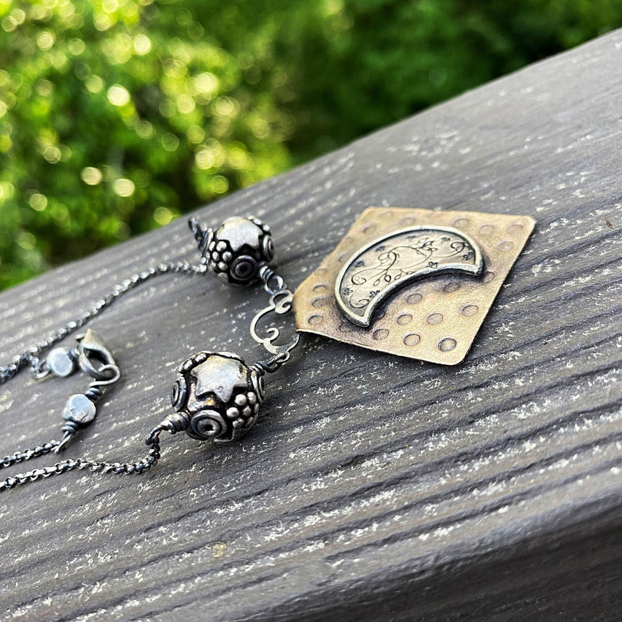 Artisan Sterling Silver & Etched Copper The Moon Tarot Card Necklace, Original Tarot Art, Mixed Metal Pendant, Moon Star Tarot Reading Gift
