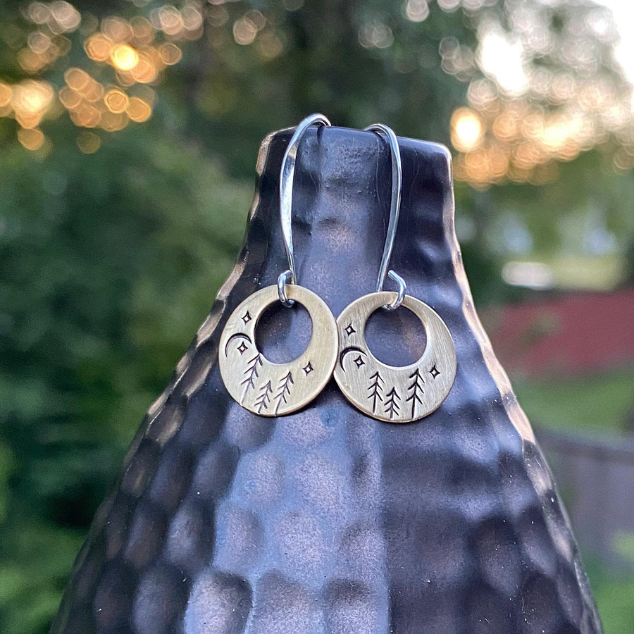 Artisan Sterling Silver & Brass Stamped forest starry sky Moon Earrings, Minimalist, Ear Wire, Unique, Original Trees Starry Night Moon