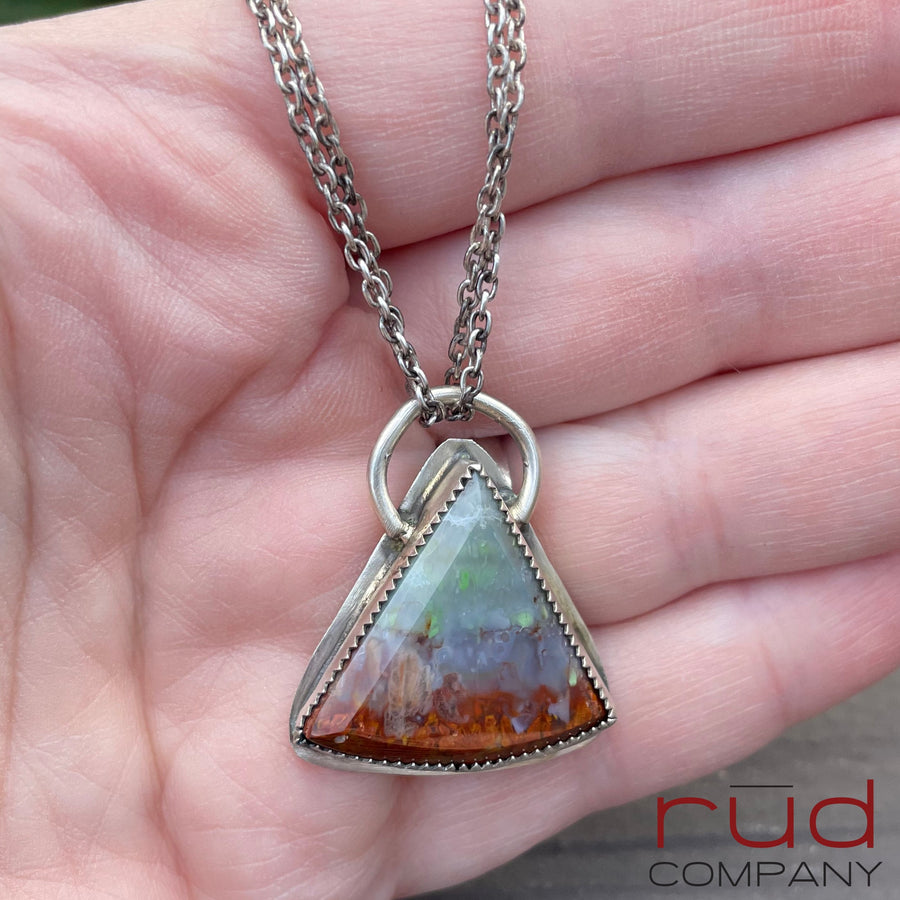 Agatized Multicolor Petrified Wood Triangular, Freeform Cabochon set in Sterling Silver Necklace, One of a kind Artisan Jewelry -Rūd Company