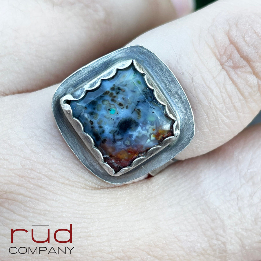 Agatized Multicolor Petrified Wood, Freeform Beveled Square Cabochon Ring in Sterling Silver, Cocktail Ring, Rainier Band - One of a kind