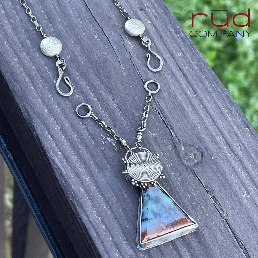Agatized Multicolor Petrified Wood Triangular, Freeform Cabochon set in Sterling Silver Necklace, One of a kind Artisan Jewelry -Rūd Company