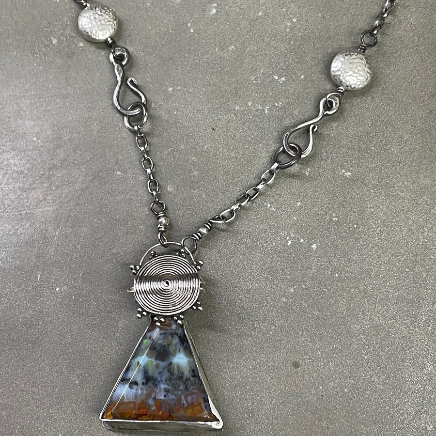 Agatized Multicolor Petrified Wood Triangular, Freeform Cabochon set in Sterling Silver Necklace, One of a kind Artisan Jewelry -Rūd Company